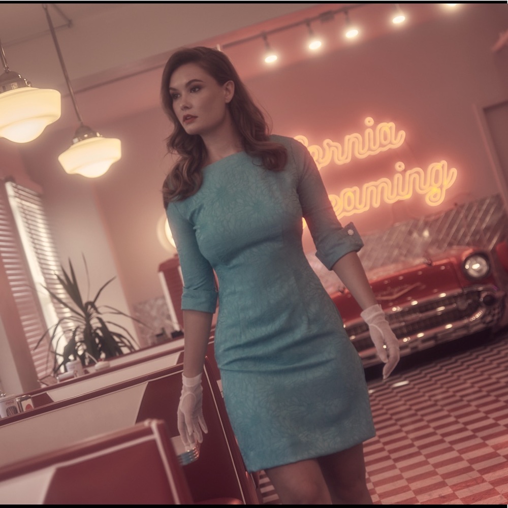 Vintage styled handmade patterned blue dress with matching hat